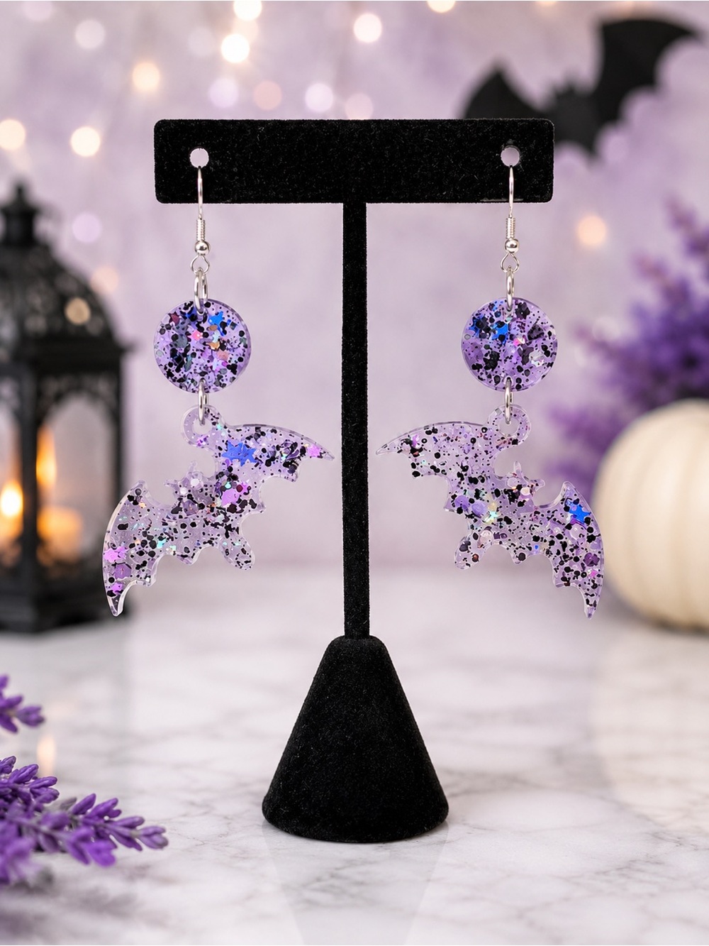 Purple Glitter Bat Dangle Earrings - Handmade Statement Jewelry